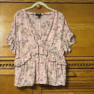 Jessica Simpson Floral Peplum Surplice Ruffle V-Neck Blouse Cottagecore Boho XL